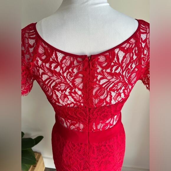 NICOLE MILLER RED SHORT SLEEVE COMBO DRESS MIDI LACE ILLUSION SIZE 0 - Picture 7 of 10